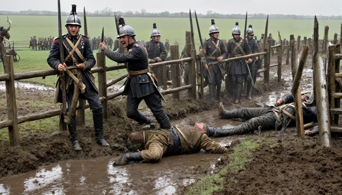 Cavalrymen impaled by a picket fence on a muddy battlefield