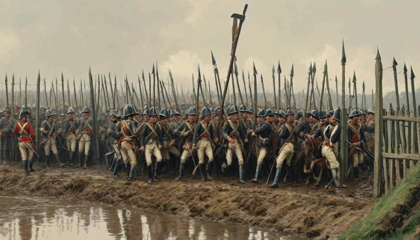Cavalrymen impaled by a picket fence on a muddy battlefield