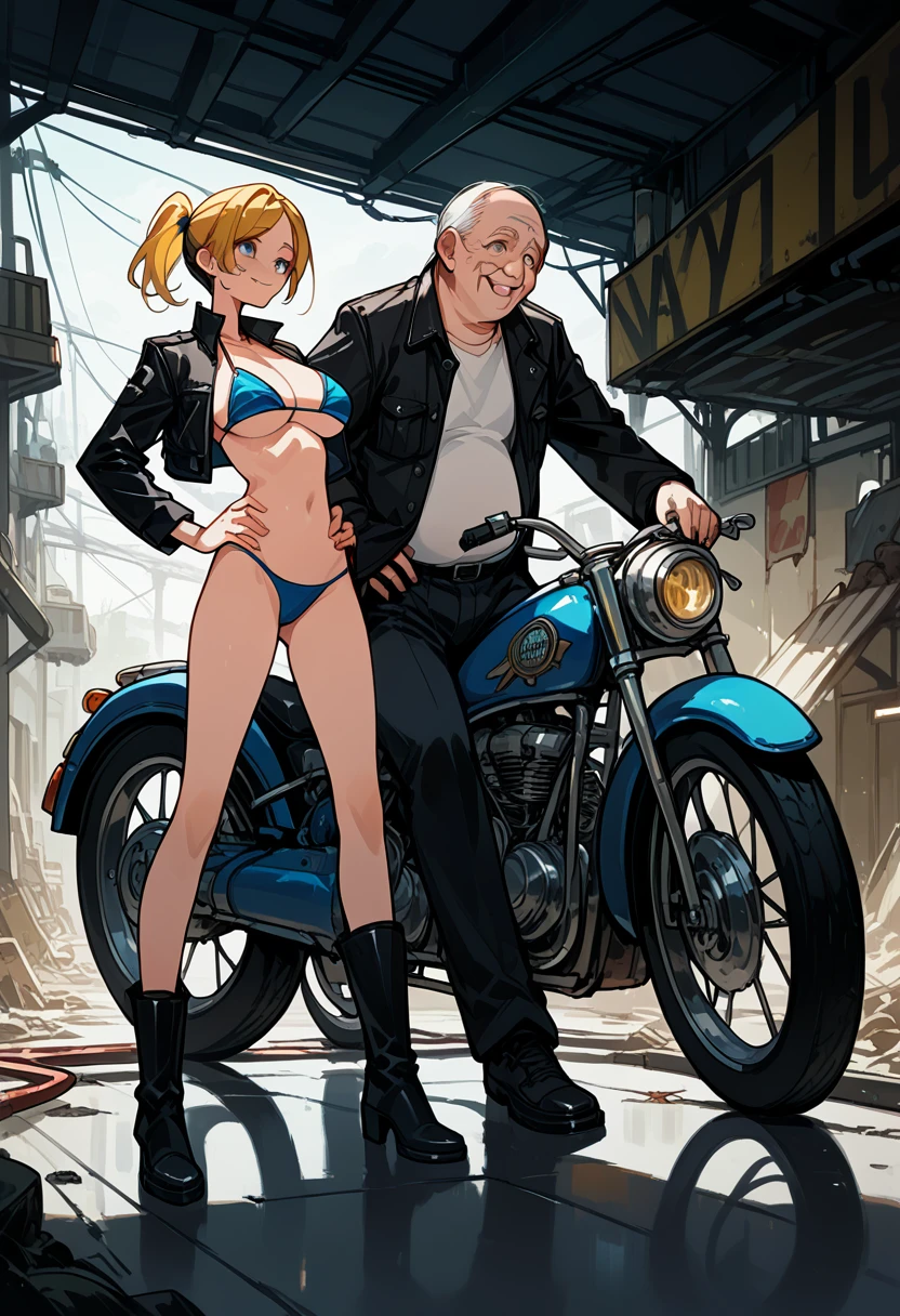 Masterpiece, best quality, Masterpiece, best quality, 1 woman , blue eyes , yellow ponytail , black leather jacket , sly face , smile , bikini , abdomen, big breasts , Long legs , boots , hands on hips , 1 man , old man , molest , motorcycle , abandoned factory , at night