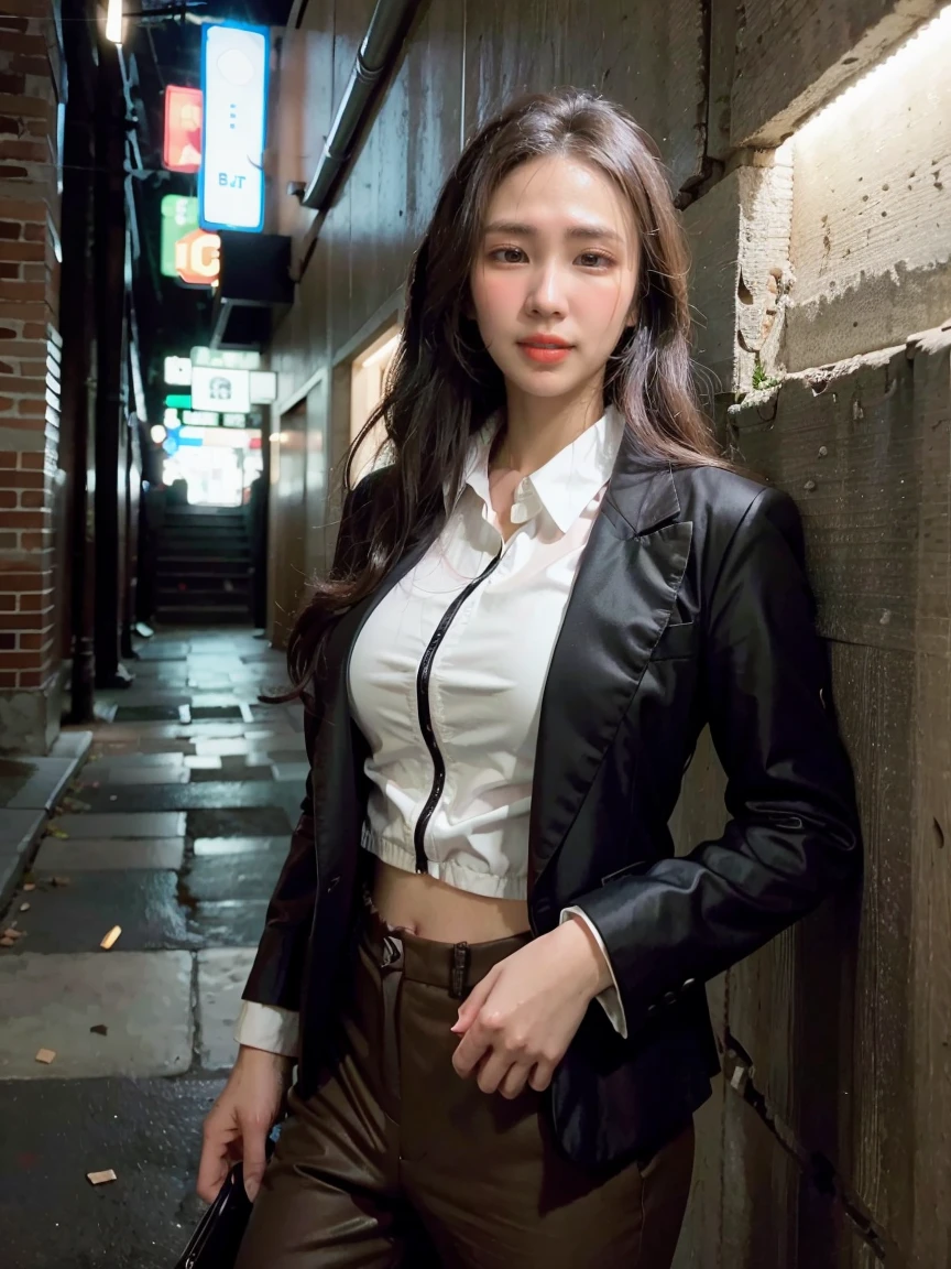 Femle, a bit muscular, brown skin, long brown curly hair, dark suit pants, black blazer with white shirt inside, city background, night, in a dark alley, realistic, 8k, Unreal Engine, highly detailed, octane rendering,