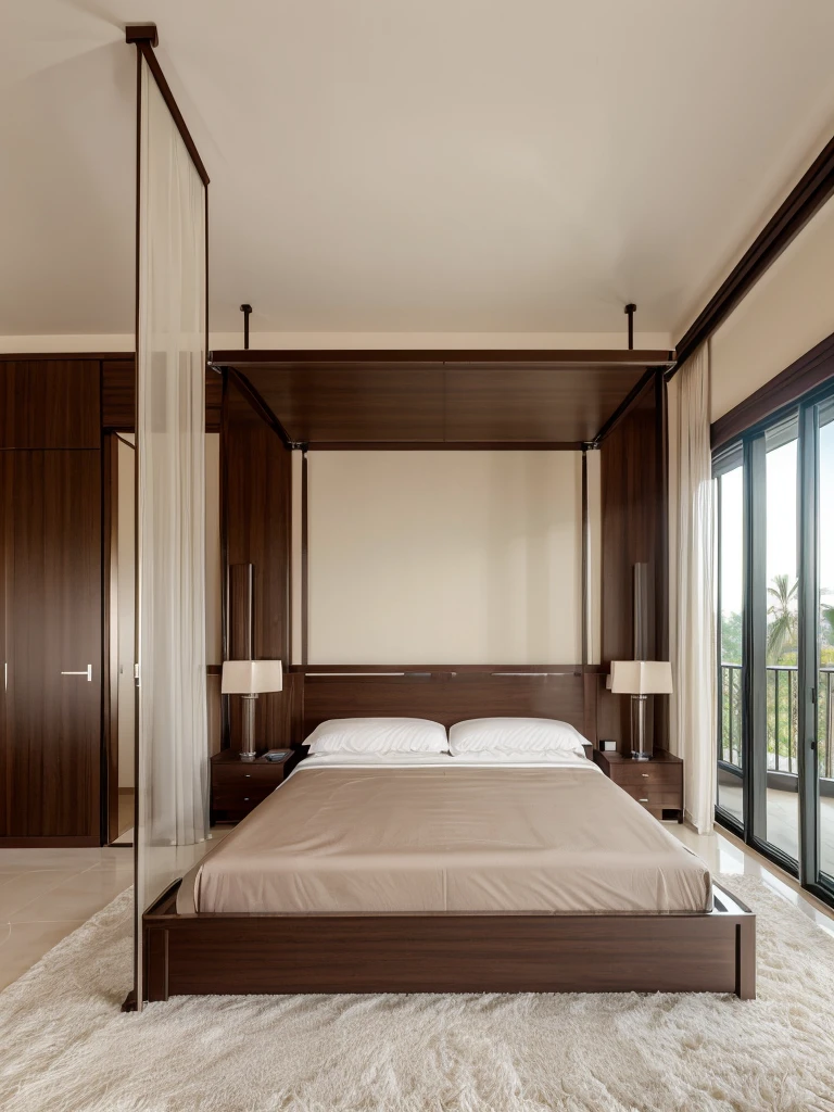 ((best quality, exceptional visual quality)), ((better skin texture, premium material))
Luxury bedroom of a villa, canopy bed, sliding glass door, balcony, big bed, (( huge room)), balcony walls, luxurious bedroom