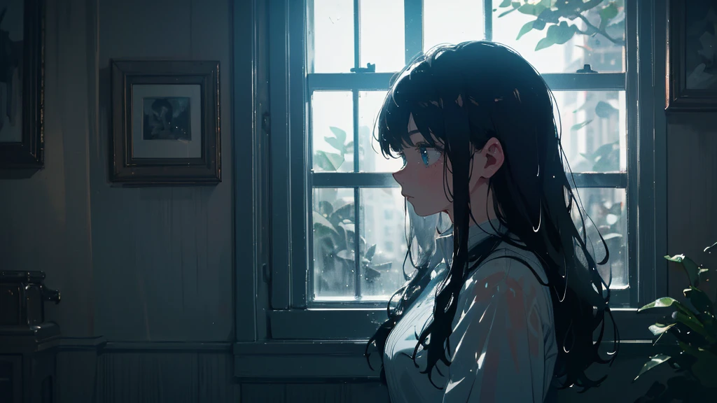 {best quality}, {very aesthetic}, {ultra-detailed}, {8k}, {Super elaborate face}, {Super-smart body},　Wet day, A woman looking out the window indoors, An ennui atmosphere,　Super fine hair,