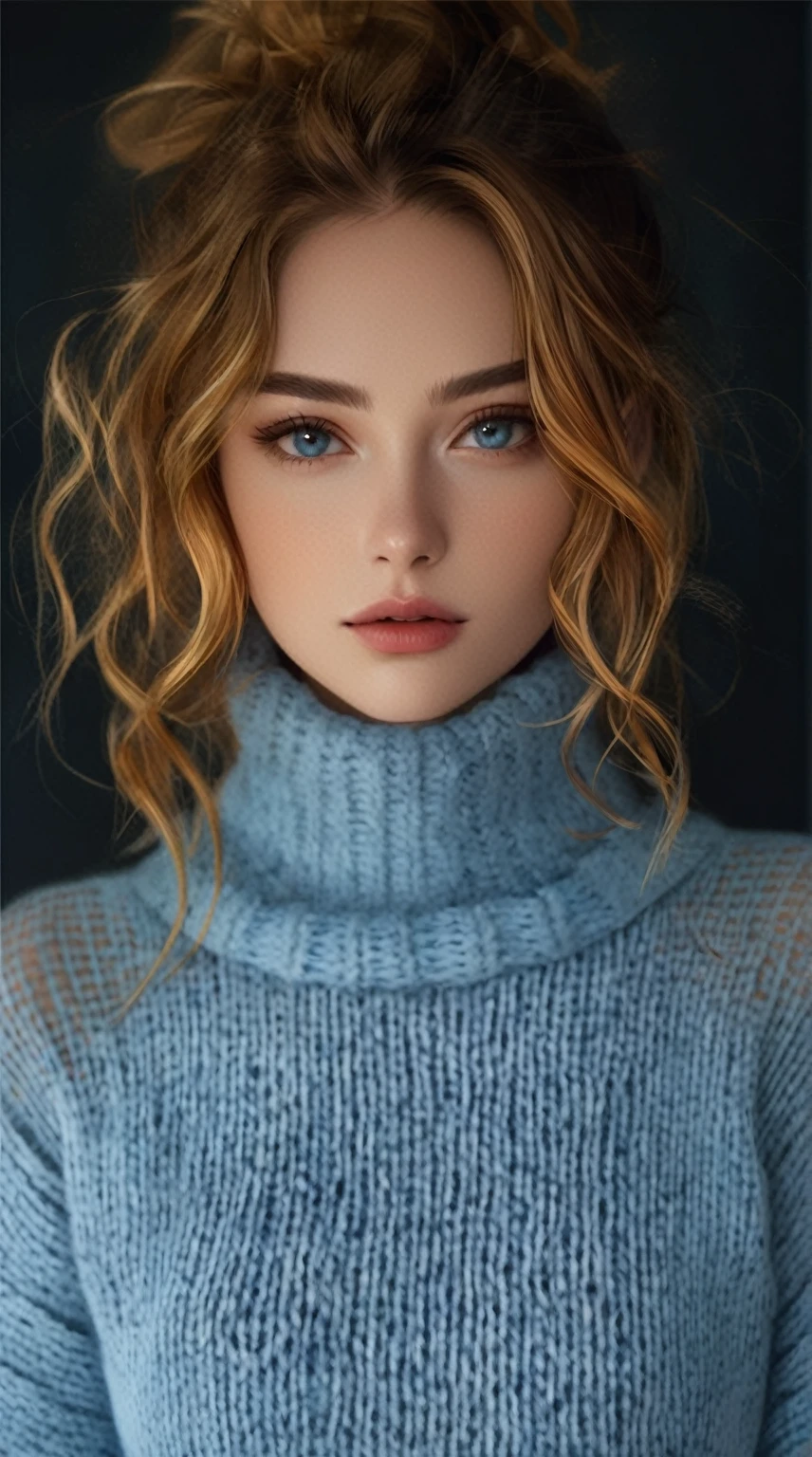a woman with a blue sweater and a blue turtle neck sweater, blue sweater, By Irakli Nadar, soft portrait 8k, portrait of a beautiful model, beautiful portrait de cara, stunning portrait, beautiful portrait image, blue turtleneck, beautiful portrait, high quality portrait, wearing turtleneck, magnificent portrait, 🤤 girl portrait, very beautiful portrait