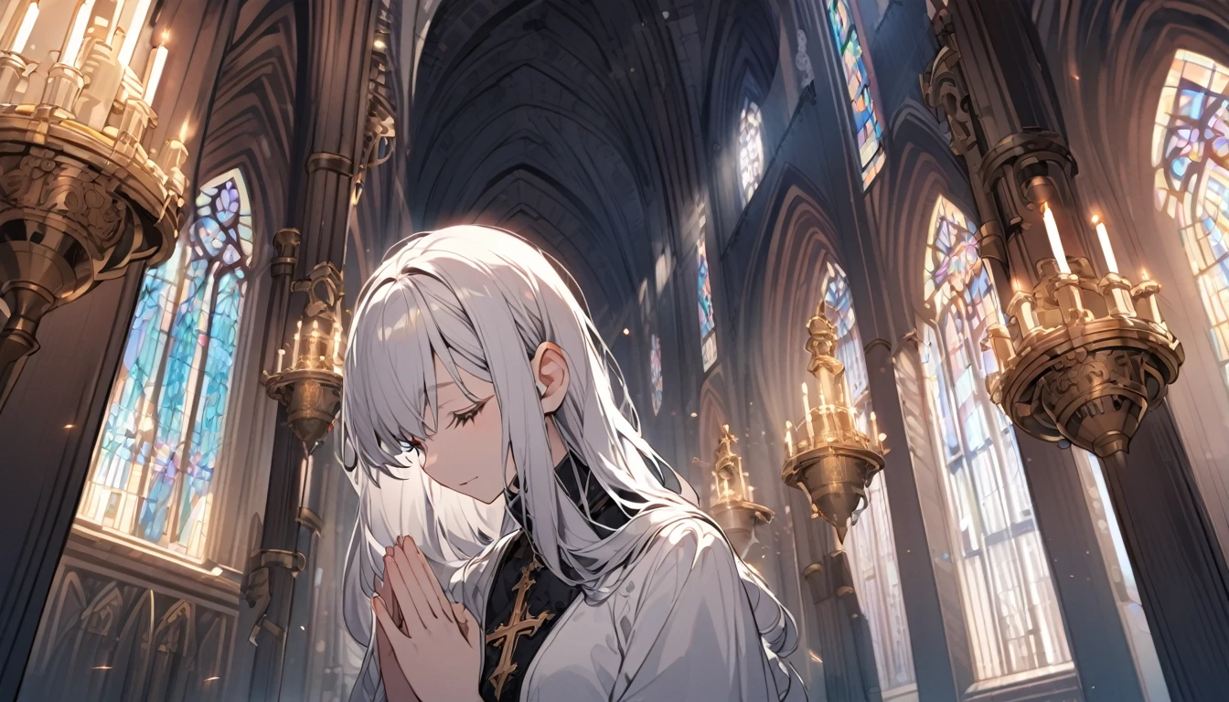 church,mysterious,White Hair Girl,Praying,Detailed Background