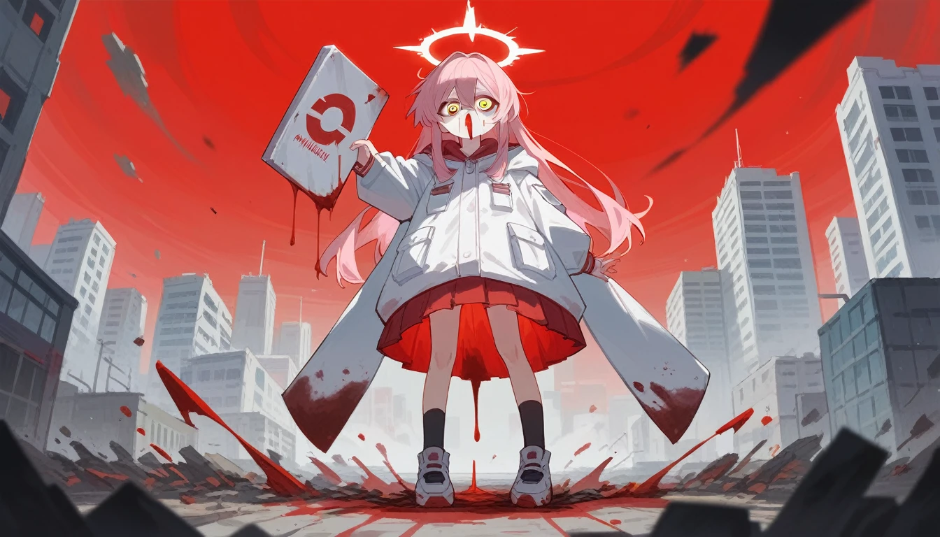 anime girl, pink hair, golden eyes, halo, zoom out, full body, crazy eyes, blood dripping from eyes, holding lanchester mk.1 in right hand, scorched earth background, destroyed city, collapse building, massive transparent halo in the sky, red sky