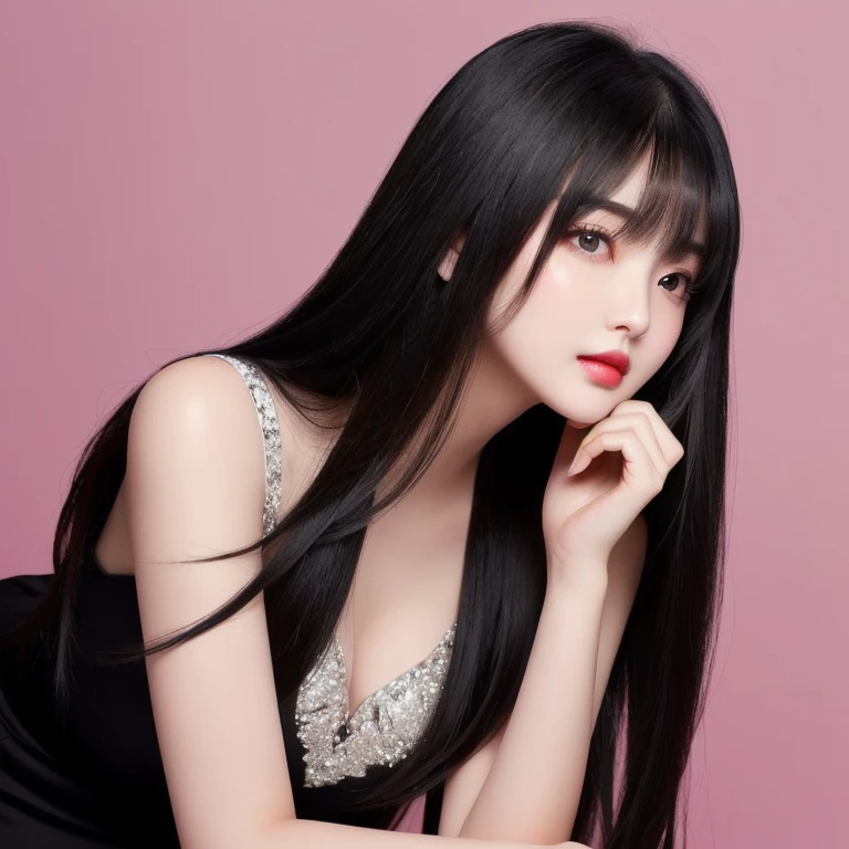 beautiful girl looking curious. long black hair with bangs. straight eyebrows. small nose. plump rose-tinted lips. slender beautiful eyes, good figure
