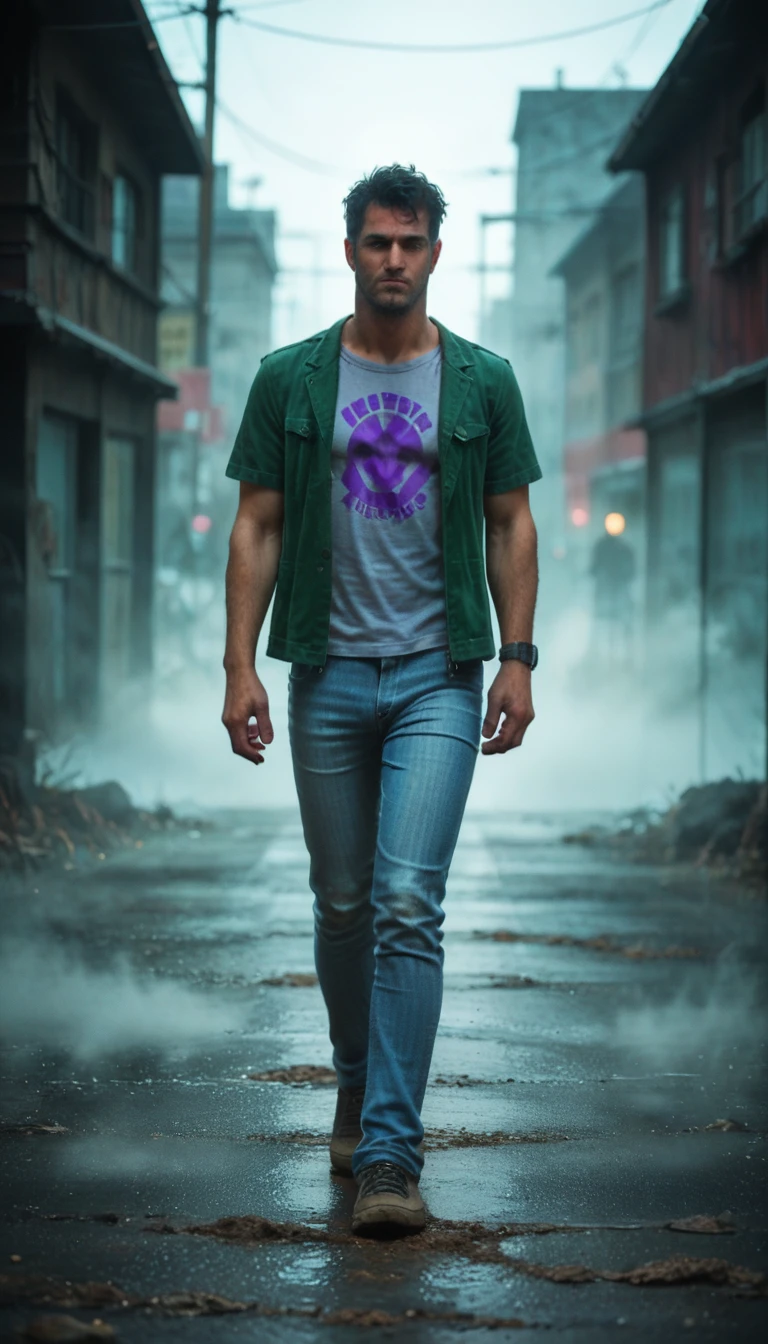 (zPDXL2), score_9_up, source_anime, 2D, flat color, BREAK 1boy, solo, fullbody, (20yo, stub, athletic body), short messy black hair, brown eyes, (pale skin, drug addict, tired face), (walking, look to camera, centered pose), (deep purple fog, deep purple mist around character, mystery atmosphere:1.35), (dirt t-shirt, jeans, green jacket), heavy atmosphere, BREAK AissistXLv2, unaestheticXL_bp5, SimplePositiveXLv2, zPDXL2 PonyXLV6_Scores
