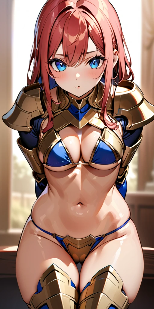 ((Highest quality、masterpiece、anime style、best quality、high resolution、8k、detailed、ultra-detailed:1.3))、Long legs、Sharp focus:1.2, Beautiful woman with perfect figure:1.4、(Smiling:1.2), double eyelid、30-year-old female、Sexy pose、((((Close your mouth、One Woman、Gold and blue bikini armor、The background is a different world、Outdoor:1.5))))、(((((Hands on the side of the body)))))