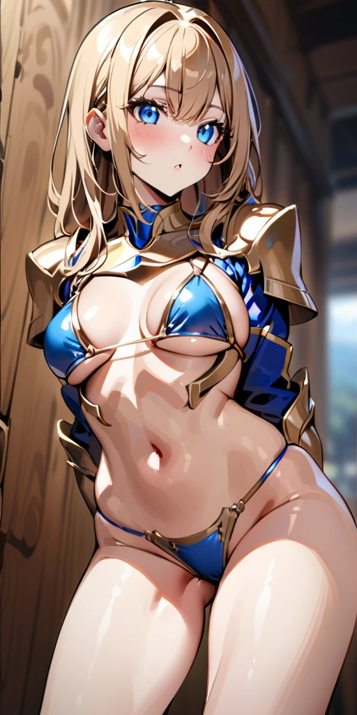 ((Highest quality、masterpiece、anime style、best quality、high resolution、8k、detailed、ultra-detailed:1.3))、Long legs、Sharp focus:1.2, Beautiful woman with perfect figure:1.4、(Smiling:1.2), double eyelid、30-year-old female、Sexy pose、((((Close your mouth、One Woman、Gold and blue bikini armor、The background is a different world、Outdoor:1.5))))、(((((Hands on the side of the body)))))