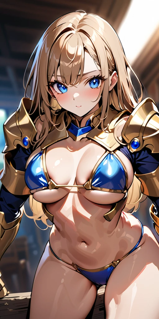 ((Highest quality、masterpiece、anime style、best quality、high resolution、8k、detailed、ultra-detailed:1.3))、Long legs、Sharp focus:1.2, Beautiful woman with perfect figure:1.4、(Smiling:1.2), double eyelid、30-year-old female、Sexy pose、((((Close your mouth、One Woman、Gold and blue bikini armor、The background is a different world、Outdoor:1.5))))、(((((Hands on the side of the body)))))
