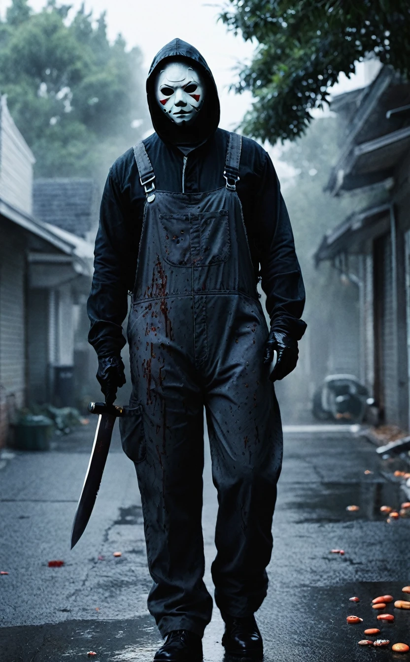 ８ｋ、Dark fantasy、City of Halloween、Ultra HD、Amazing image quality,４ｋ、boogeyman、Michael Myers、Black work overalls、White Mask、Knife、blood droplets、Full Body Shot,Give the viewer a malicious look, Grabbing Viewer, For the viewer,City of Halloweenの背景、Vignette, Very detailed, High budget, Bokeh, CinemaScope, Sulky, amazing, nice, Film Grain, granular . Creepy, Anxious, dark, Creepyな, Suspenseful, strict, Very detailed