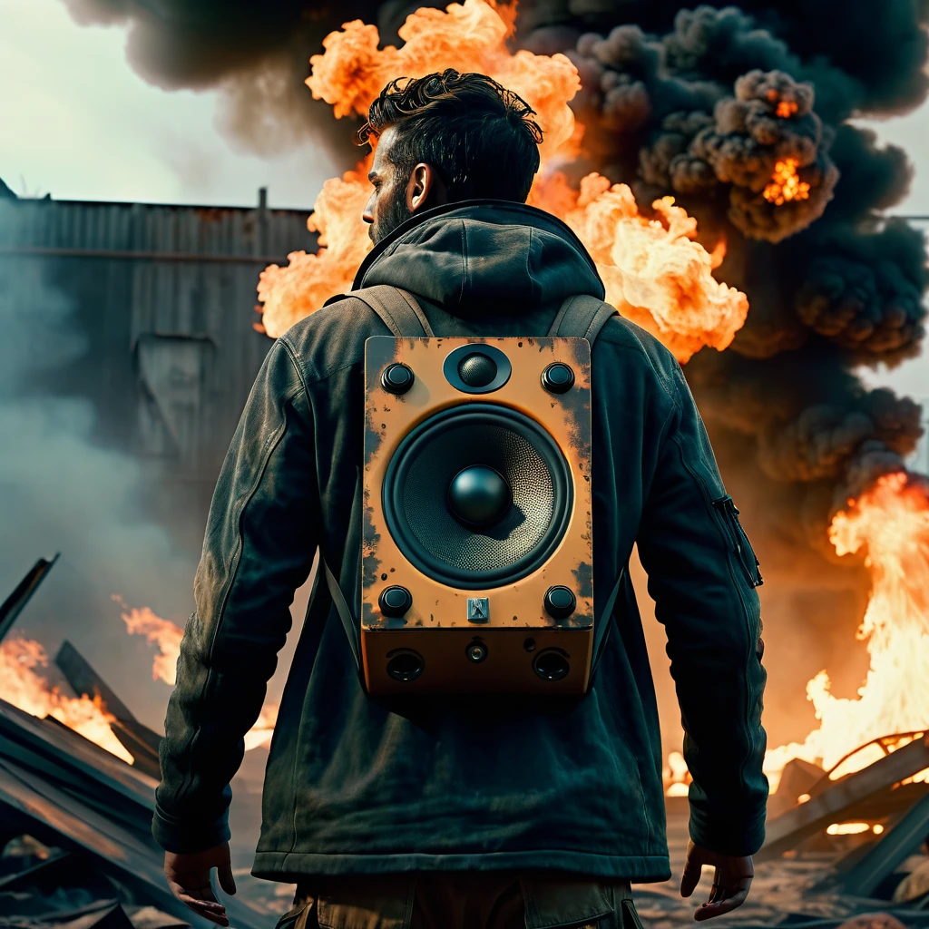 a man on fire with his back to the camera in a post-apocalyptic setting, floating speaker, CGI style, close-up, realistic, highly detailed, ultra-detailed, 8k, hyperrealistic, dramatic lighting, volumetric lighting, moody atmosphere, dynamic composition, intense colors, cinematic lighting, chiaroscuro, muted color palette, gritty, dystopian, dark fantasy