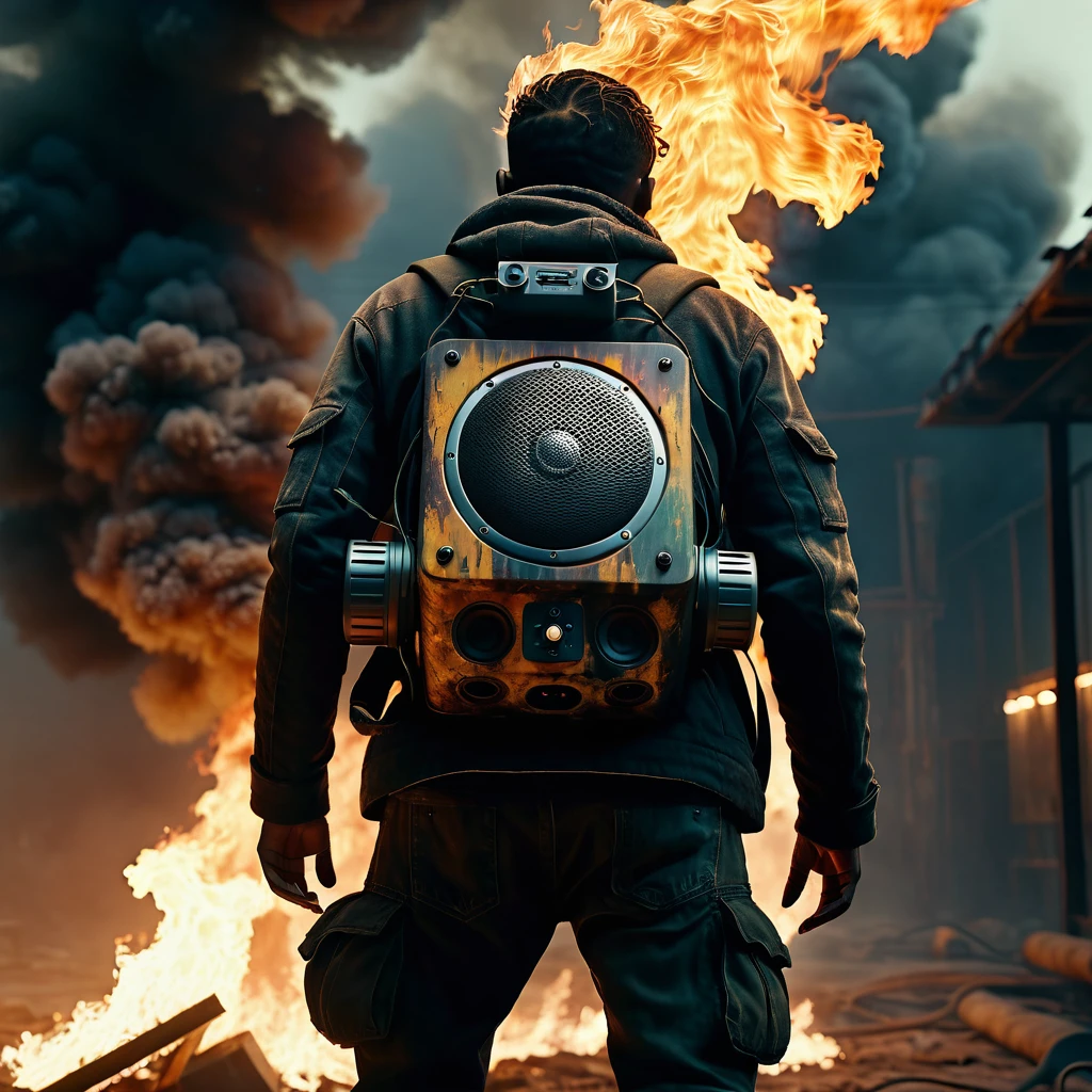 a man on fire with his back to the camera in a post-apocalyptic setting, floating speaker, CGI style, close-up, realistic, highly detailed, ultra-detailed, 8k, hyperrealistic, dramatic lighting, volumetric lighting, moody atmosphere, dynamic composition, intense colors, cinematic lighting, chiaroscuro, muted color palette, gritty, dystopian, dark fantasy