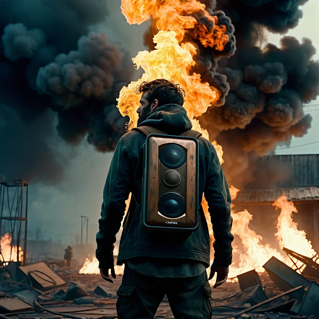 a man on fire with his back to the camera in a post-apocalyptic setting, floating speaker, CGI style, close-up, realistic, highly detailed, ultra-detailed, 8k, hyperrealistic, dramatic lighting, volumetric lighting, moody atmosphere, dynamic composition, intense colors, cinematic lighting, chiaroscuro, muted color palette, gritty, dystopian, dark fantasy