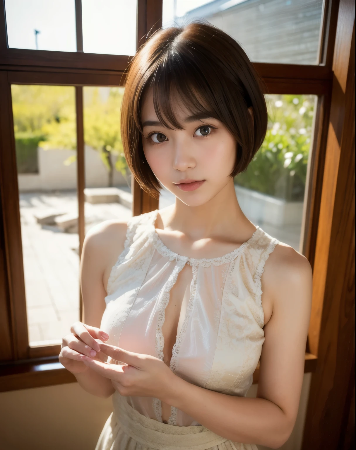Highest quality, Face Focus, Soft Light, Ultra-high resolution, (Realistic:1.4), RAW Photos,
1 Japanese girl, alone, cute, (pupil, Light in your eyes), Beautiful face in every detail, (Small box),(High resolution detail of human skin texture),
(short hair),
Damask Shirt Dress,
(Portraiture)