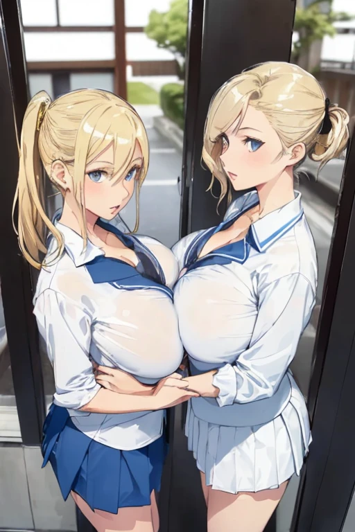 ((Two Very fleshy young woman))
((huge breasts))
((Very thick thighs))
(Tall)
(cleavage)
(Short Blonde side ponytail hair)
(Blue eyes)
Same as above Appearance.
Standing
(((Shoot from front)))
(((photograph the whole body)))
(Japanese school uniform)
(white (business) shirt)
(Black mini-skirt)
Japanese
Background (Kyoto city)