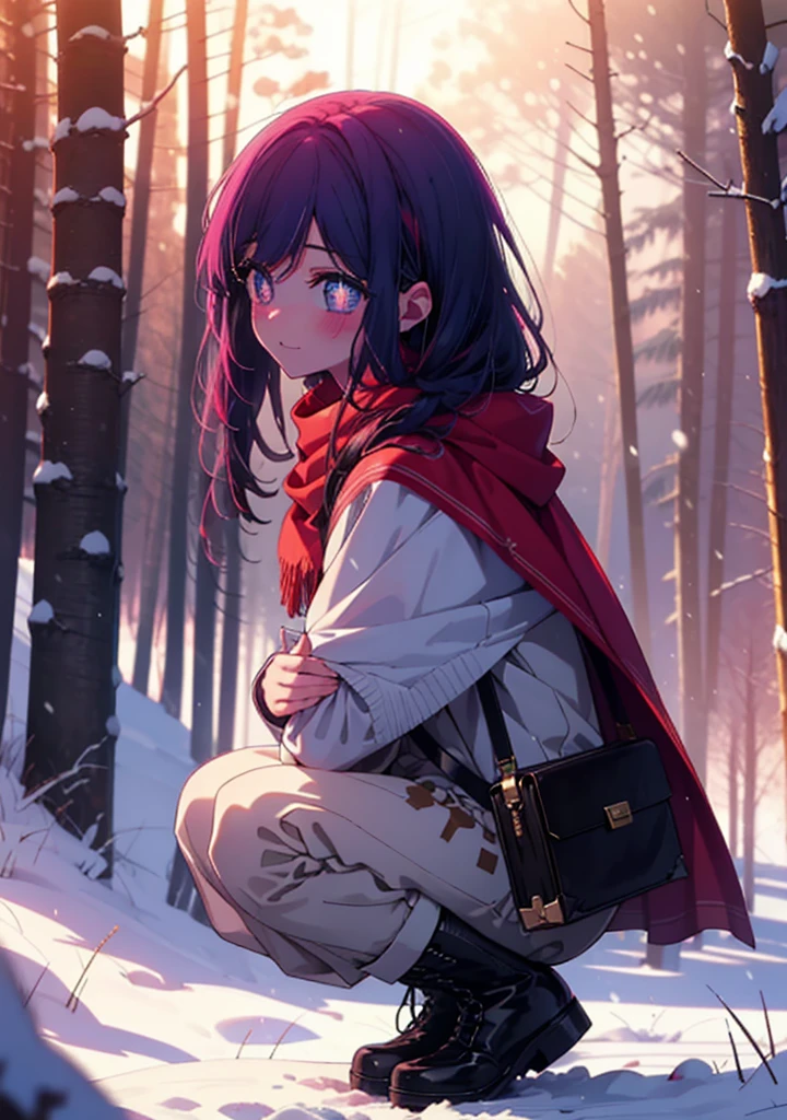 aihoshino, Ai Hoshino, Long Hair, bangs, (Purple eyes:1.1), Purple Hair, (Symbol-shaped pupil:1.5), smile,,smile,blush,white breath,
Open your mouth,snow,Ground bonfire, Outdoor, boots, snowing, From the side, wood, suitcase, Cape, Blurred, , forest, White handbag, nature,  Squat, Mouth closed, Cape, winter, Written boundary depth, Black shoes, red Cape break looking at viewer, Upper Body, whole body, break Outdoor, forest, nature, break (masterpiece:1.2), Highest quality, High resolution, unity 8k wallpaper, (shape:0.8), (Beautiful and beautiful eyes:1.6), Highly detailed face, Perfect lighting, Highly detailed CG, (Perfect hands, Perfect Anatomy),