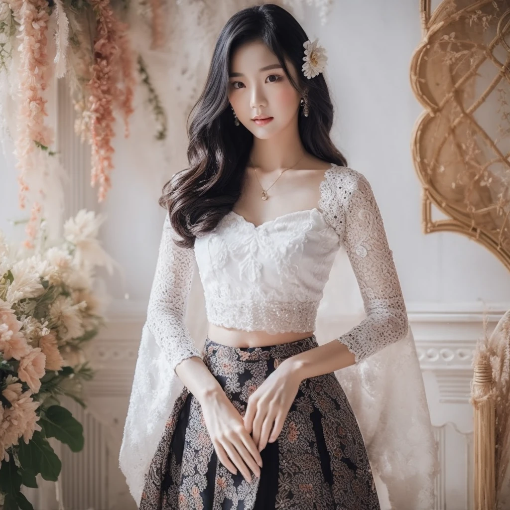 A beautiful Korean woman aged 20 years, wearing a white Balinese kebaya, full body, wearing a black floral patterned skirt, standing gracefully and taking photos, Background, photo studio, very detailed 8k 