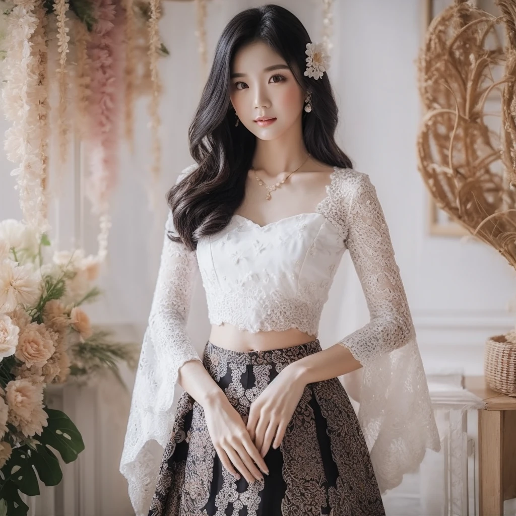 A beautiful Korean woman aged 20 years, wearing a white Balinese kebaya, full body, wearing a black floral patterned skirt, standing gracefully and taking photos, Background, photo studio, very detailed 8k
