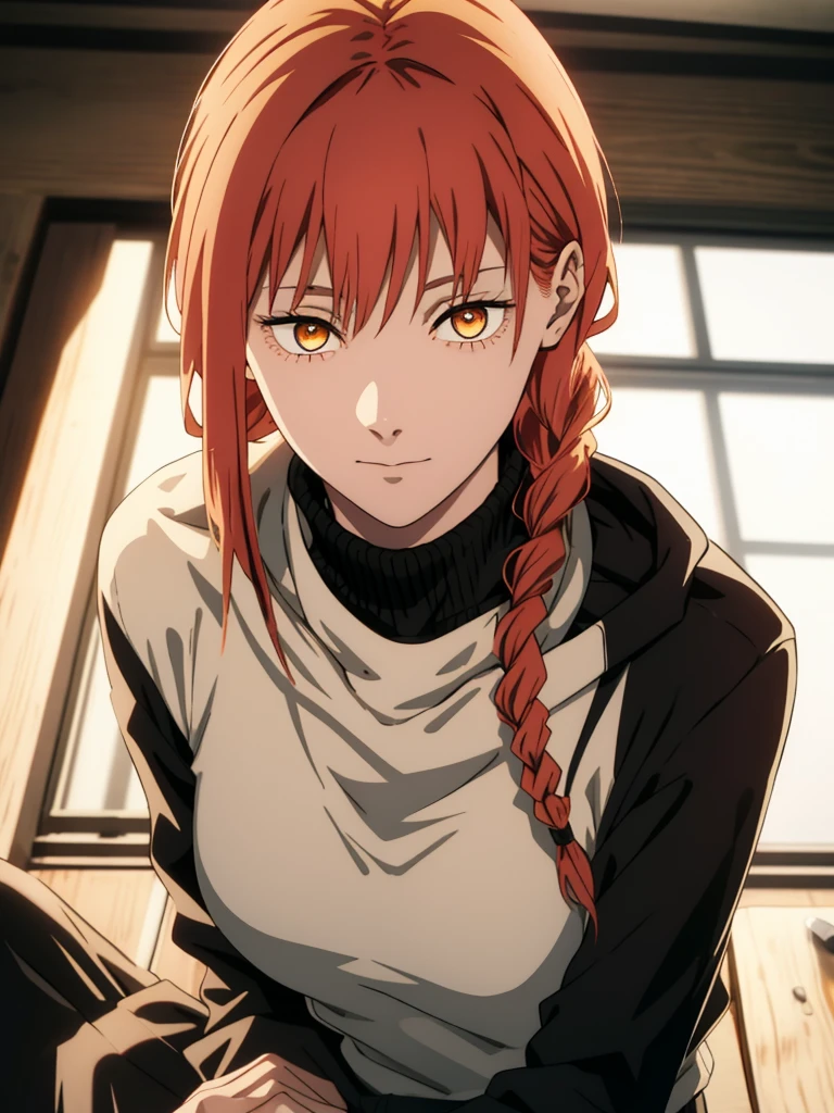 hand \(Chainsaw Man\),, One Girl, only, sit, Redhead, Long braided hair, Golden Eyes,, Mid-chest, Black turtleneck sweater, Perfect collarbone, （Black lace panties）, (just:1.2), look up , (close:1.3), , Upper Body, Highest quality, Glowing Skin, Highest quality, High resolution, , 
