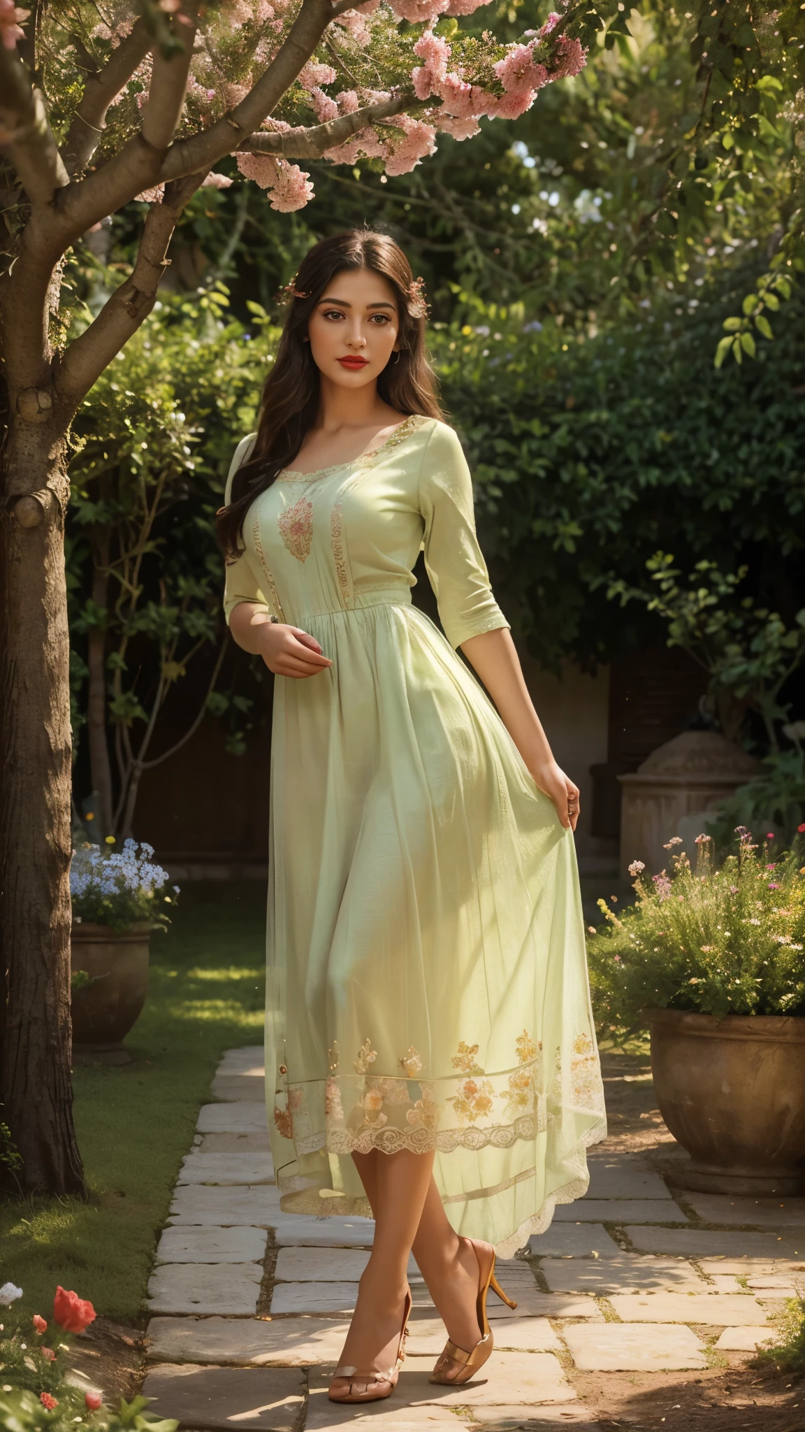 ((full body view)) Of a beautiful lord shri krishna , A detailed girl with beautiful eyes and lips, in a garden full of vibrant flowers and lush greenery. The girl is standing gracefully, wearing a flowing dress that matches the colors of the flowers around her. The sunlight spills through the tree branches, casting soft and warm rays on her face and creating a dreamy atmosphere. Her eyes are sparkling with life, and her long eyelashes frame them perfectly. The painting style is a mixture of classical oil painting and contemporary digital art, resulting in a stunning blend of realism and artistic interpretation. The colors are vivid and rich, with a warm color palette that emphasizes the natural beauty of the scene. Every detail is meticulously captured, from the delicate texture of the flowers to the intricate patterns on the girl's dress. The overall composition is balanced and harmonious, inviting viewers to immerse themselves in this enchanting garden. (((red lips, eye mascara)))