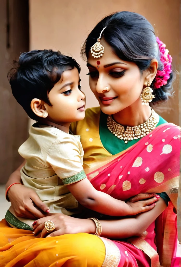 A two-three year old  is sitting in his mother's lap. Both are very beautiful. The face of Indian fashion is very beautiful and the little  is very beautiful. He is sitting in his mother's lap.