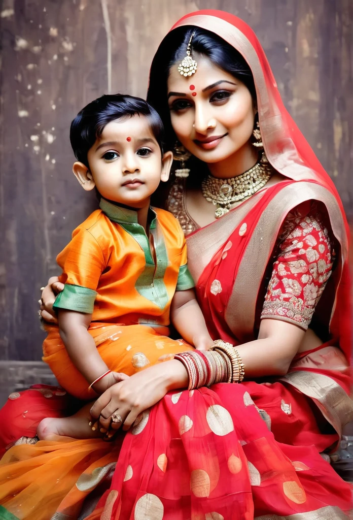 A two-three year old is sitting in his mother's lap. Both are very beautiful. The face of Indian fashion is very beautiful and the little is very beautiful. He is sitting in his mother's lap.
