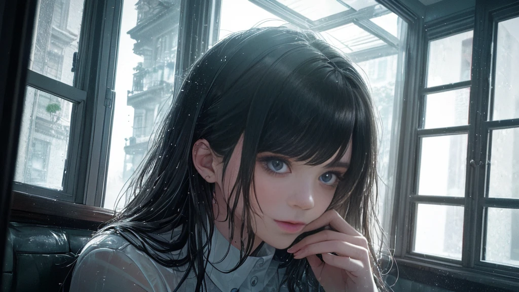 {best quality}, {very aesthetic}, {ultra-detailed}, {8k}, {Super elaborate face}, {Super-smart body}, Wet day, A woman looking out the window indoors, An ennui atmosphere, Super fine hair,