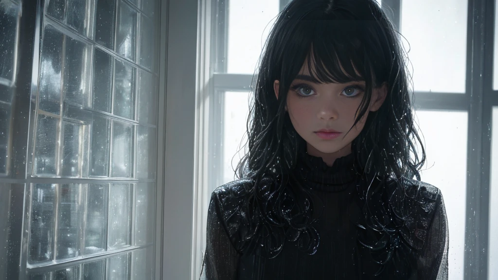 {best quality}, {very aesthetic}, {ultra-detailed}, {8k}, {Super elaborate face}, {Super-smart body}, Wet day, A woman looking out the window indoors, An ennui atmosphere, Super fine hair,