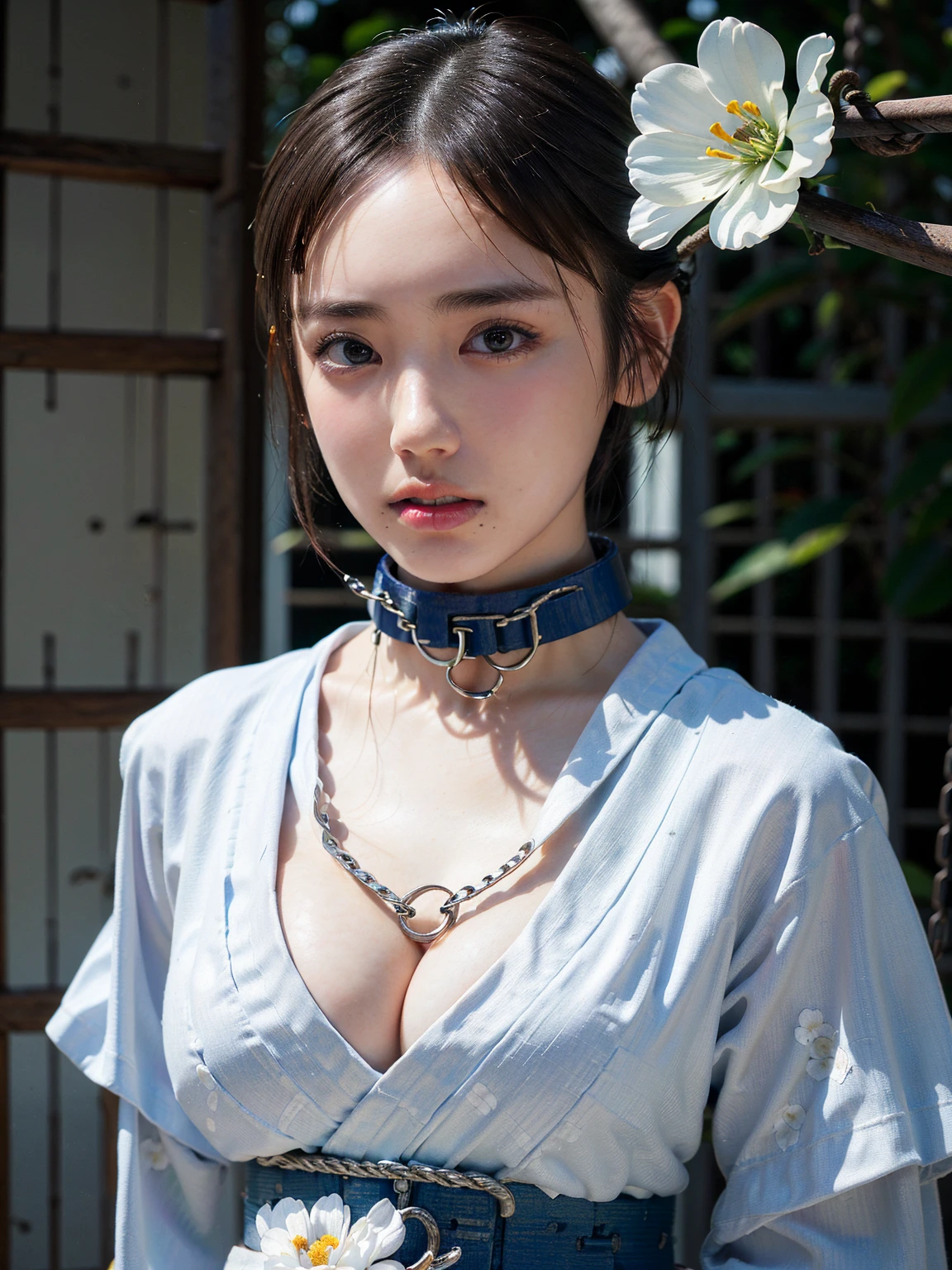 (41k4:0.72), (aika-sawaguchi:0.6), masterpiece, Best Quality, 8K, Raw photo, top-notch quality, masterpiece, (wearing white yukata with a flower pattern:1.7), (exceptionally detailed RAW color photo, professional-grade photograph), (facing viewer:1.5), (BDSM:1.5), (bondage:1.7), (shackled:2.2), (chained:1.9), (slave:1.7), (wearing slave collar:1.7), (looking at viewer:1.4), (Realistic, Photorealistic:1.37), (highly detailed skin:1.2), Ultra-high resolution, (lens 50mm), (masterpiece, top-quality:1.3), (hyper realistic:1.35), (Photorealistic:1.45), (Realistic:1.4), ((solo)), (1 pretty Japanese girl), 21 years old, Japanese idol, supermodel, pale skin, (slim:1.3), (slim body:1.25), (slender body:1.25), (narrow waist:1.35), pretty face, (large breasts:1.15), (deep cleavage:1.4)