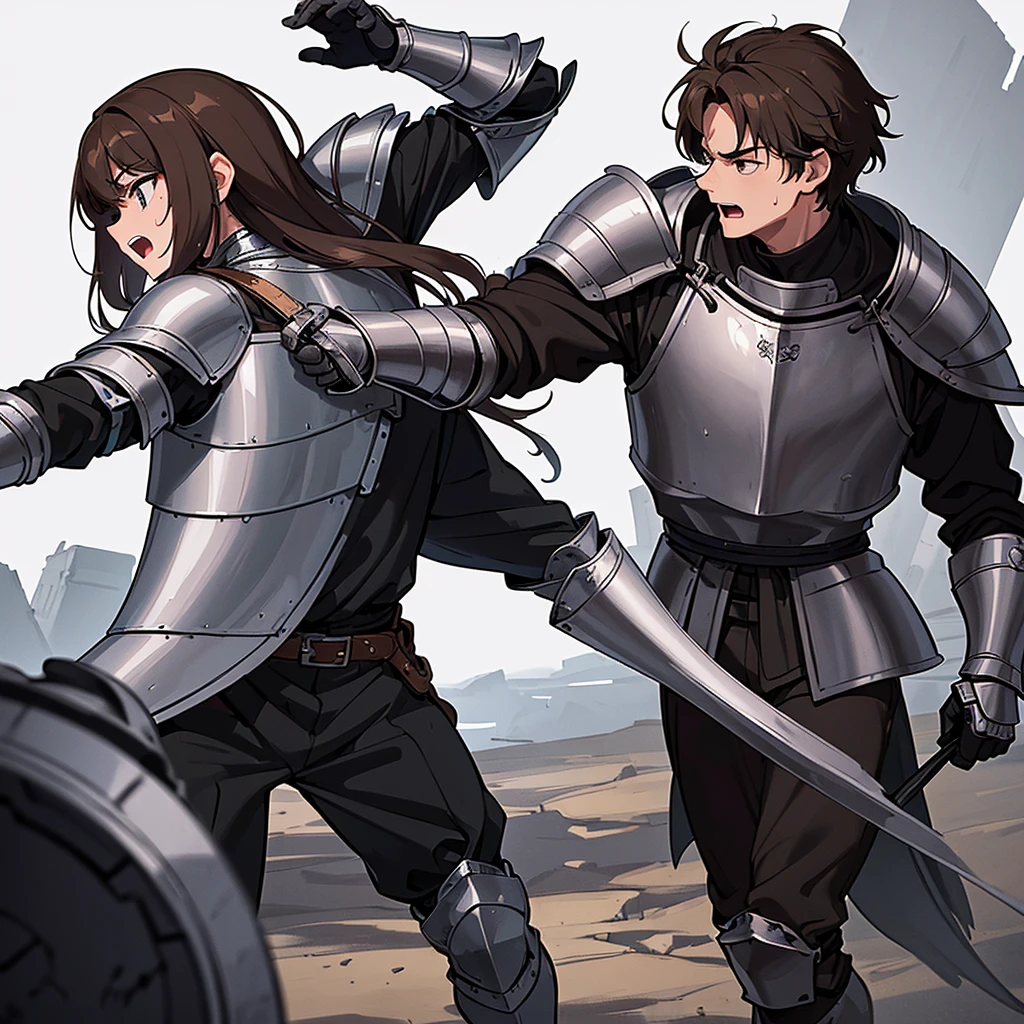 Best illustrations、Best Quality、(((Simple grey armor、Black trousers、Black gloves、Short Hair、Brown Hair、20 year old man)))、(((Grab the sword、Get Ready)))、(Old ruins、desert。Grass)、Fall to the floor、(Black, muddy swamp)、(仮面の中世の騎士が10 people)、(get annoyed、Open your mouth、Get angry、impatience、Sweat、Wet Skin)、(lots of medieval knights、10 people)、battlefield、(From below)、(White background)