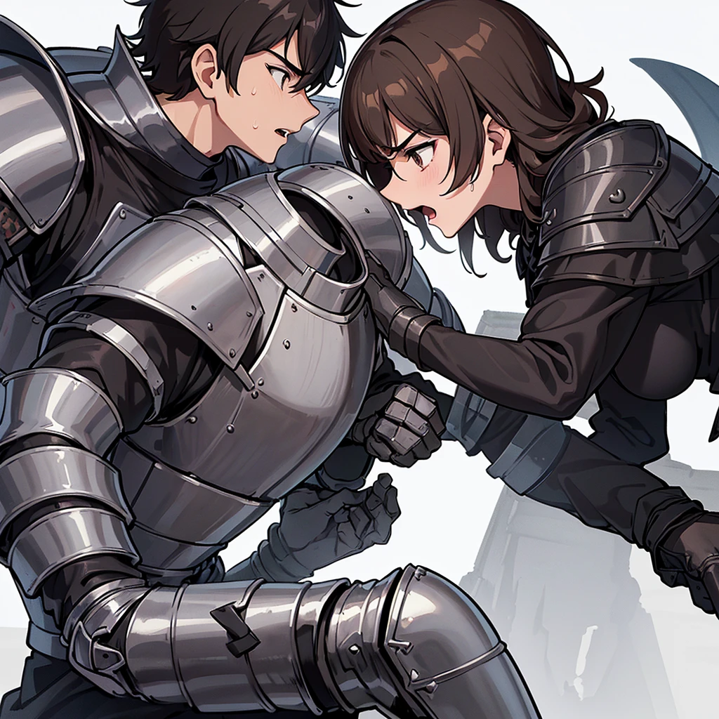 Best illustrations、Best Quality、(((Simple grey armor、Black trousers、Black gloveedium Hair、Brown Hair、Plate Armor、20 year old man)))、(((Fighting Pose)))、(Old ruins、desert。Grass)、Fall to the floor、(Black, muddy swamp)、(中世の騎士が10 people)、(Close your eyes、get annoyed、Open your mouth、Get angry、Sweat)、(lots of medieval knights、10 people)、battlefield、(From the side、profile)、(White background)