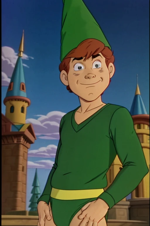 a redhead cartoon character, ((He wears a green underwear and a wizard hat)), a young male wizard, 1980s cartoon, animated episode still, Presto (((mad)))