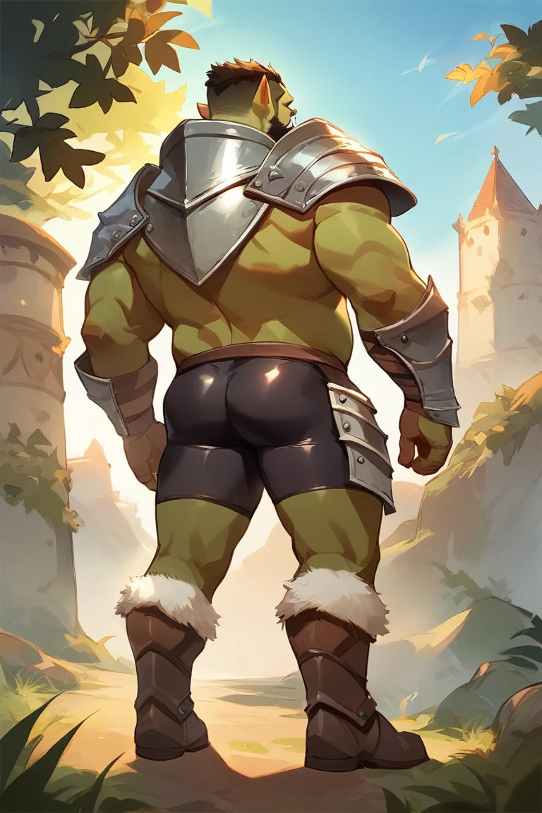 score_9, score_8_up, score_7_up, solo, male focus, chubby male, orc, green skin, tusks, beard, outdoors, armor , shoulder armor, breastplate, day, boots armor , (( black micro tight shorts )) , full body , backside , back side