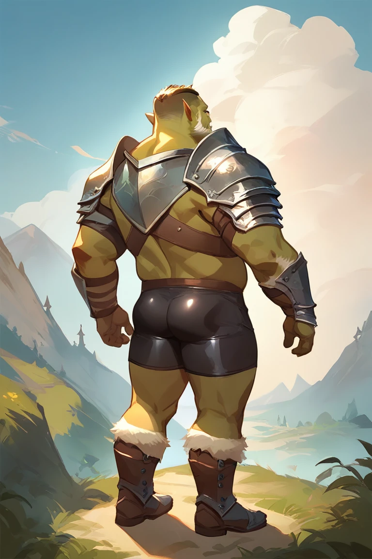 score_9, score_8_up, score_7_up, solo, male focus, chubby male, orc, green skin, tusks, beard, outdoors, armor , shoulder armor, breastplate, day, boots armor , (( black micro tight shorts )) , full body , backside , back side