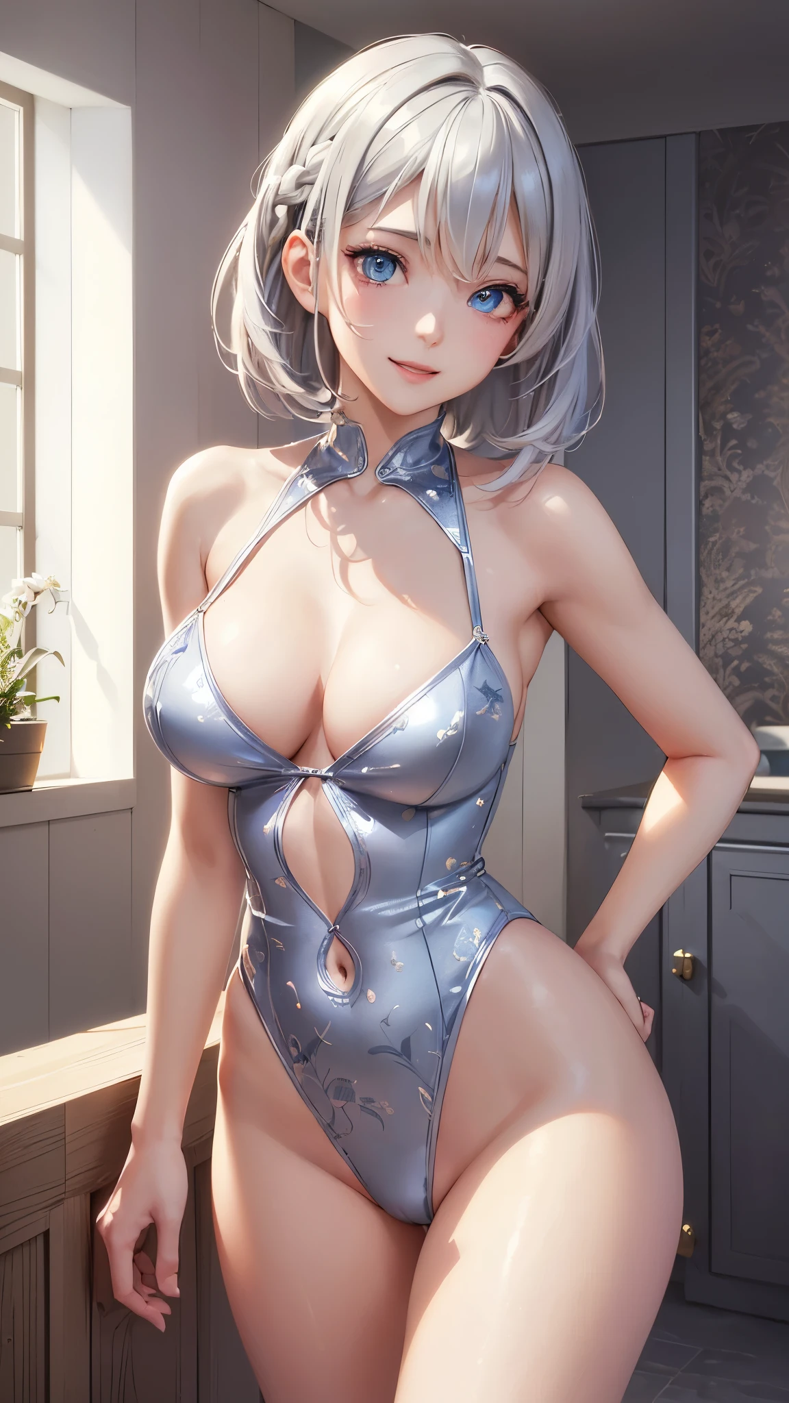 white hair,perfect body, sensual cleavage, medium breasts, Ultra HD, 4k image, character close-up camera, best image quality, artistic press, 超高分辨率, (fidelity: 1.4), photoreal, 1 girl in men's suit, globes light green eyes, eyelashes, beautiful pupil, shadows, slight blush, delicate facial features, reasonable facial features, exposed bare shoulders, exposed waist