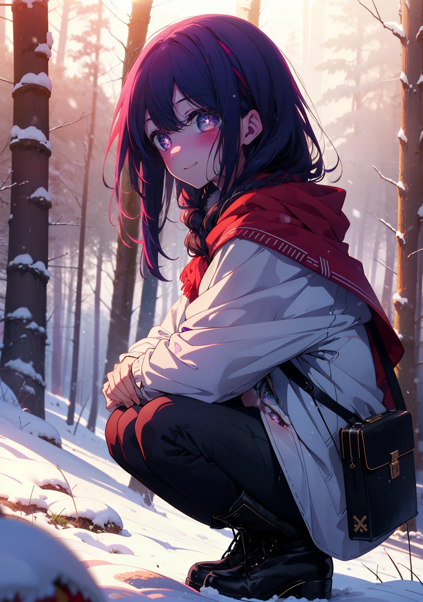 aihoshino, Ai Hoshino, Long Hair, bangs, (Purple eyes:1.1), Purple Hair, (Symbol-shaped pupil:1.5), smile,,smile,blush,white breath,
Open your mouth,snow,Ground bonfire, Outdoor, boots, snowing, From the side, wood, suitcase, Cape, Blurred, , forest, White handbag, nature, Squat, Mouth closed, Cape, winter, Written boundary depth, Black shoes, red Cape break looking at viewer, Upper Body, whole body, break Outdoor, forest, nature, break (masterpiece:1.2), Highest quality, High resolution, unity 8k wallpaper, (shape:0.8), (Beautiful and beautiful eyes:1.6), Highly detailed face, Perfect lighting, Highly detailed CG, (Perfect hands, Perfect Anatomy),
