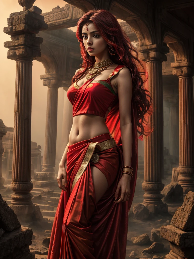 A girl body shape ( brode pelvic )and (medium size breasts)with red color long messy hair ,(wering_ ocean green and red and golden _jularis _saree), standing ancient destroy temple, red light at morning time,realistic, realism HDR 8K high quality high production value wide-angle shot