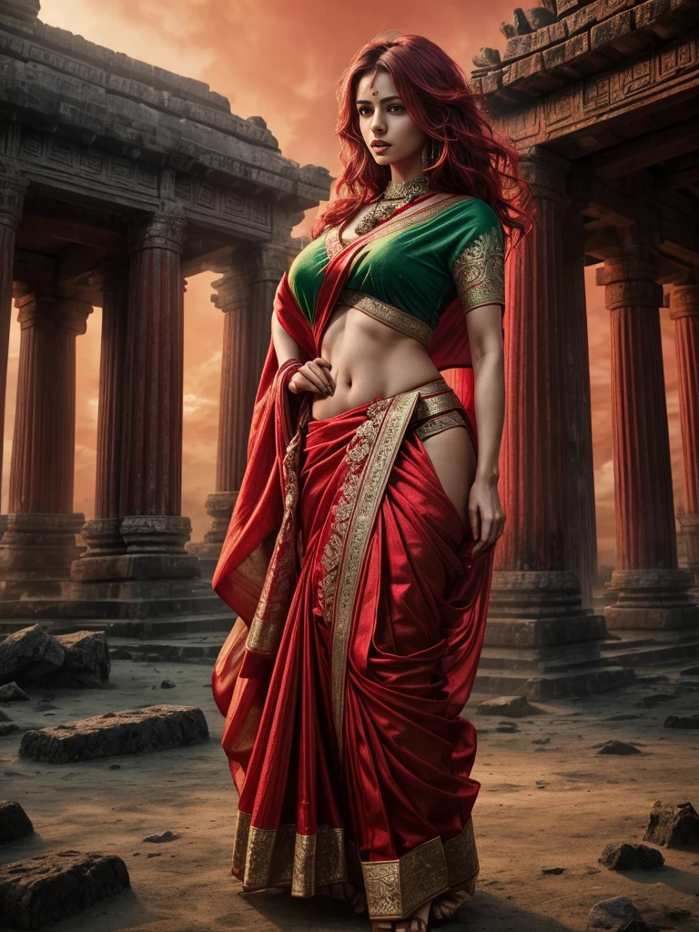 A girl body shape ( brode pelvic )and (medium size breasts)with red color long messy hair ,(wering_ ocean green and red and golden _jularis _saree), standing ancient destroy temple, red light at morning time,realistic, realism HDR 8K high quality high production value wide-angle shot
