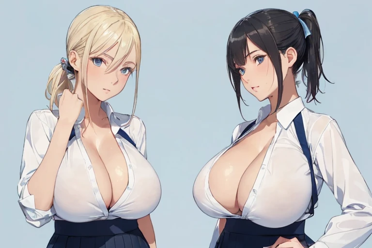 2lady(different hair style and clothes color), ((ultra-quality)), (Bukkake:1.5), (side view), (profile), (sexy back), (in 8K), (arms behind back:1.5), (arms are down), ultla highres, Hyper Detailed, High contrast, Ultrafine Strike, creative refinement, absurdres, Realistic, extremely detailed CG unified 8k wallpaper, Highly detailed, High-definition raw color photos, professional photograpy, Realistic portrait, Cinematic Light, Beautiful detailed, 28 years old woman, (realistic skin:1.3), (shiny skin), (Best Quality:1.4), Super Detail, High quality, ​master piece, lifelike, (After SEX), Bukkake, Perfect face, (cum on chest:1.5), (Bukkake:1.3), (cum on clothes:1.3), (Sharp Focus), (upper body), (close up), Delicate Beautiful Hair and Eyes and Face, Delicate eyes, radiant eyes, Lifelike, Hyper-detailing, (Wearing a dark sailor uniform:1.3), (school costume), (dark sailor collar), (black japanese school shirt), (exposed), (pleated skirt), (Sheer areola), (colossal breasts:1.8), (big breasts:1.5), (Beautiful breasts:1.5), (covered breasts:1.5), (arms behind back:1.3), Beautiful cute woman, camel-toe details, (NSFW), wet clothes, pale black eyes, (dark bob hair), (ponytail), (asymmetrical bangs),