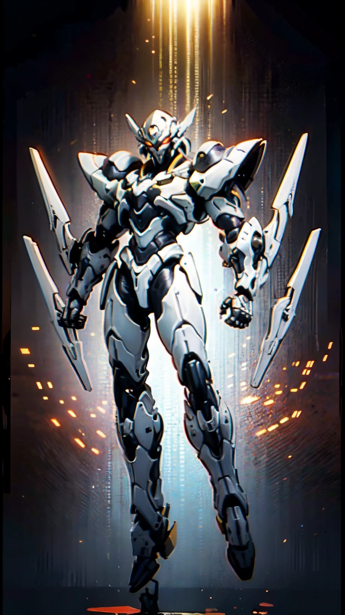 (masterpiece:1.5, best quality:1.5, extremely delicate:1.5), humanoid Mecha, fully enclosed shoulder guards, matching arm and leg guards, full body, full armor, the design balances heavy with agility, (the color scheme is primarily white with red and blue accents, the concept Inspired by Super robot, organic biotech armor, standing, floating high above the futuristic sci-fi city), exquisite and mature art style, (aura effect, energy, glowing eyes, the armor glows), metallic, dramatic, high definition, highres, ultra-detailed, ultra-fine painting, professional, perfect body proportions, anatomically correct, symmetrical face, extremely detailed eyes and face, high quality eyes, creativity, RAW photo, UHD, 32k, Natural light, cinematic lighting, masterpiece-anatomy-perfect