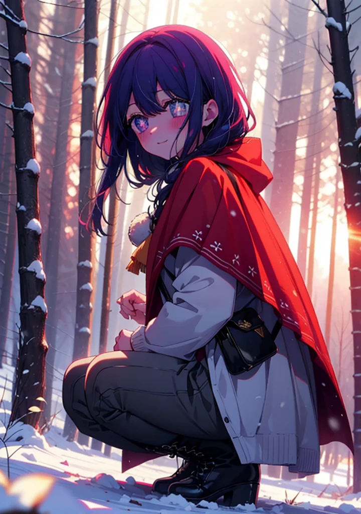 aihoshino, Ai Hoshino, Long Hair, bangs, (Purple eyes:1.1), Purple Hair, (Symbol-shaped pupil:1.5), smile,,smile,blush,white breath,
Open your mouth,snow,Ground bonfire, Outdoor, boots, snowing, From the side, wood, suitcase, Cape, Blurred, , forest, White handbag, nature, Squat, Mouth closed, Cape, winter, Written boundary depth, Black shoes, red Cape break looking at viewer, Upper Body, whole body, break Outdoor, forest, nature, break (masterpiece:1.2), Highest quality, High resolution, unity 8k wallpaper, (shape:0.8), (Beautiful and beautiful eyes:1.6), Highly detailed face, Perfect lighting, Highly detailed CG, (Perfect hands, Perfect Anatomy),
