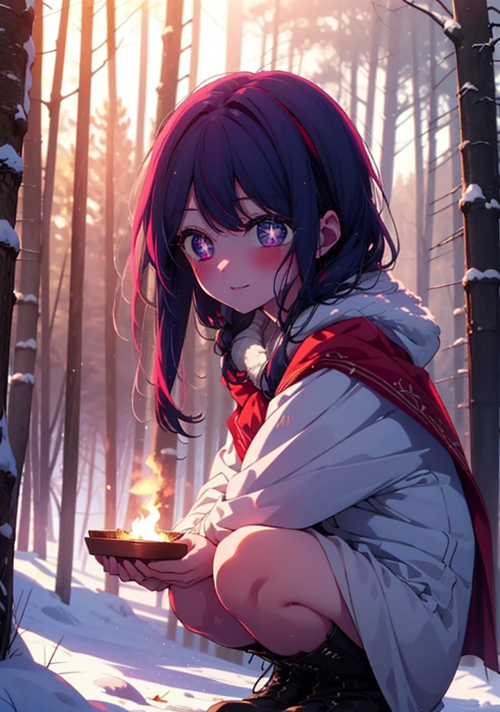 aihoshino, Ai Hoshino, Long Hair, bangs, (Purple eyes:1.1), Purple Hair, (Symbol-shaped pupil:1.5), smile,,smile,blush,white breath,
Open your mouth,snow,Ground bonfire, Outdoor, boots, snowing, From the side, wood, suitcase, Cape, Blurred, , forest, White handbag, nature, Squat, Mouth closed, Cape, winter, Written boundary depth, Black shoes, red Cape break looking at viewer, Upper Body, whole body, break Outdoor, forest, nature, break (masterpiece:1.2), Highest quality, High resolution, unity 8k wallpaper, (shape:0.8), (Beautiful and beautiful eyes:1.6), Highly detailed face, Perfect lighting, Highly detailed CG, (Perfect hands, Perfect Anatomy),