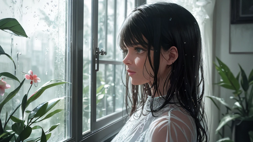 {best quality}, {very aesthetic}, {ultra-detailed}, {8k}, {Super elaborate face}, {Super-smart body}, Wet day, A woman looking out the window indoors, An ennui atmosphere, Super fine hair,