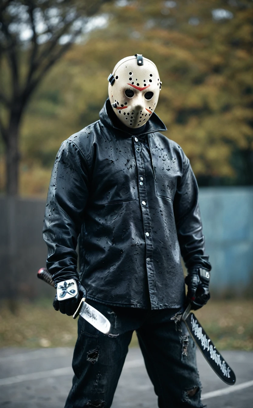 Full Body Shot、dark森の中の背景、Aggressive pose、8k、Dark fantasy、Jason、Tattered clothes,Torn clothes、Have a machete、Hockey Mask、Skinhead、Friday the 13th、Give the viewer a malicious look, Grabbing Viewer, For the viewer,Shallow depth of field, Vignette, Very detailed, High budget, Bokeh, CinemaScope, Sulky, amazing, nice, Film Grain, granular . Creepy, Anxious, dark, Creepyな, Suspenseful, strict, Very detailed