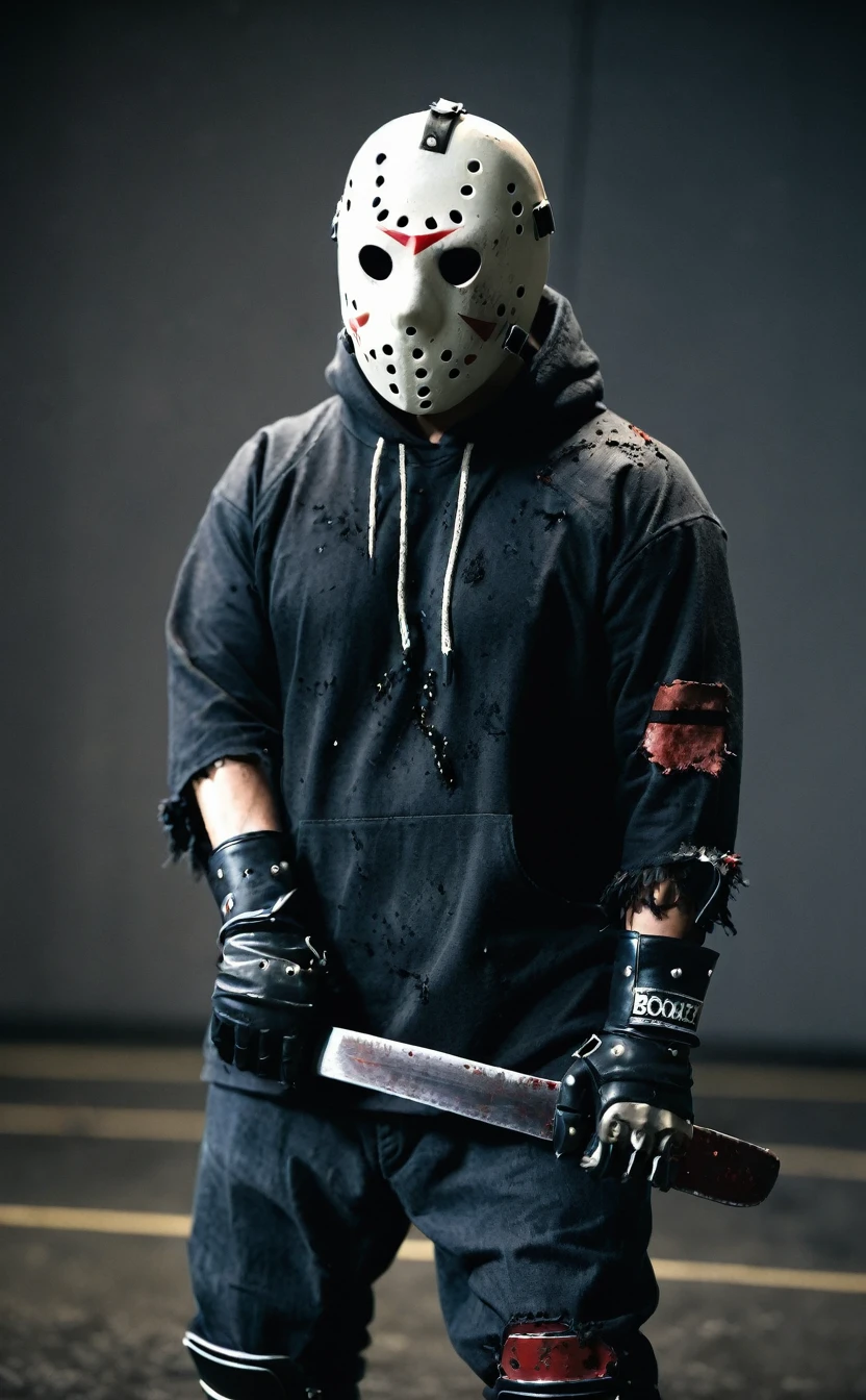 Full Body Shot、dark森の中の背景、Aggressive pose、8k、Dark fantasy、Jason、Tattered clothes,Torn clothes、Have a machete、Hockey Mask、Skinhead、Friday the 13th、Give the viewer a malicious look, Grabbing Viewer, For the viewer,Shallow depth of field, Vignette, Very detailed, High budget, Bokeh, CinemaScope, Sulky, amazing, nice, Film Grain, granular . Creepy, Anxious, dark, Creepyな, Suspenseful, strict, Very detailed
