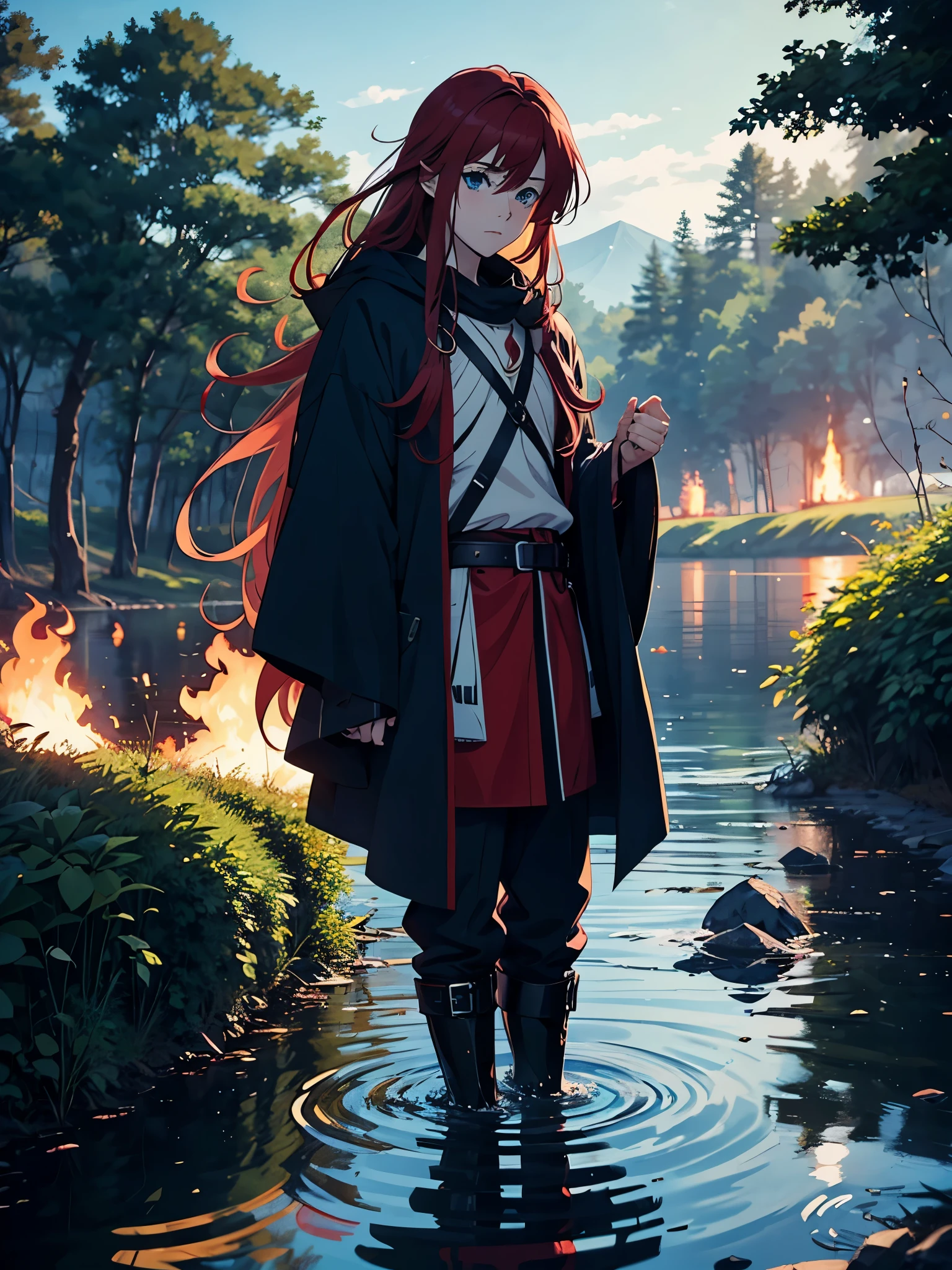 More anime style. blue flames. 2d. flatter. anime style. Viking clothing. soft. More anime. Standing in a lake. More anime. More 2d. Clean. More anime. 2d. Glow. Red hair. More anime. male. Long hair. long red hair. boy, vikings. red hair. Blue eyes. fire.