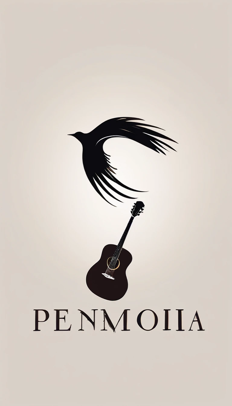 A minimal, modern, simple, cinematic, minimalistic logo design for the brand “Penamemoria". The logo design must be a simple, magical feather and a boy running and holding an acoustic guitar. The logo must convey a sense of music, stories and dreams. Logo design impressed on a book cover. Minimalistic logo