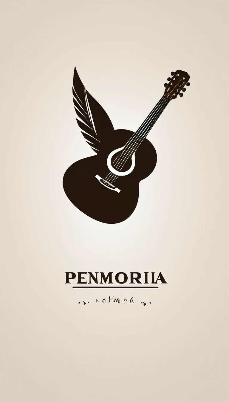 A minimal, modern, simple, cinematic, minimalistic logo design for the brand “Penamemoria". The logo design must be a simple, magical feather and a boy running and holding an acoustic guitar. The logo must convey a sense of music, stories and dreams. Logo design impressed on a book cover. Minimalistic logo
