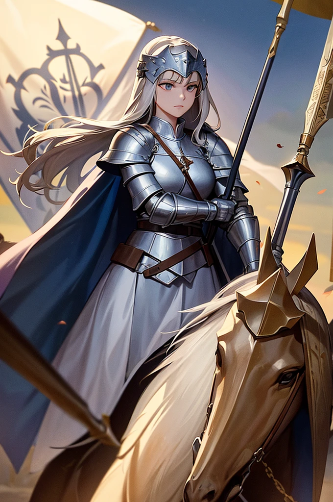 Content: A dynamic illustration of General Joan of Arc, depicted as a commanding and resolute leader in a battlefield scene. She is clad in a stylized medieval armor that reflects her iconic historical image, complete with a silver chestplate, blue and gold accents, and a flowing blue cape. Her long hair flows freely beneath a shining helmet, and she holds a sword aloft with a determined expression on her face. She stands amidst a battleground, rallying her troops, with flags and banners waving behind her, symbolizing her unwavering spirit and leadership.
Medium: Digital art, character illustration.
Style: The art style is inspired by the vibrant, detailed, and slightly stylized approach seen in the popular mobile game European War 7 by EasyTech. This style combines realistic details with colorful, eye-catching elements to create a heroic and dramatic effect.
Lighting: Strong, directional lighting highlighting Joan of Arc’s figure, casting dramatic shadows that emphasize her armor and the dynamic setting.
Colours: A rich and bold color palette featuring blues, golds, and silvers, contrasted by the earthy tones of the battlefield and the bright reds of the flags and banners.
Composition: A three-quarter view with a 50mm lens, focusing on Joan of Arc in the foreground, with the battlefield stretching out behind her. The image captures a moment of action and inspiration, with Joan of Arc at the center of the composition, commanding attention and respect.